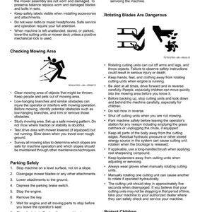 May include: Safety instructions for lawn mower operation, including warnings about rotating blades and safe parking procedures. Includes diagrams and text about potential hazards and how to avoid them. Page 10.