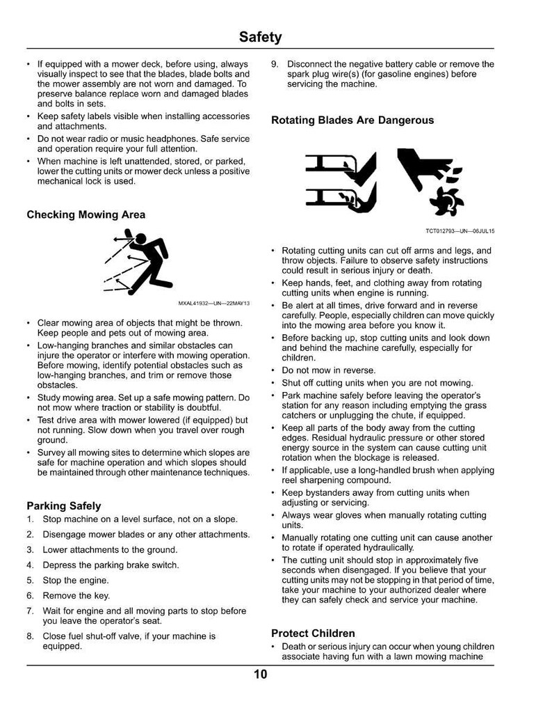 May include: Safety instructions for lawn mower operation, including warnings about rotating blades and safe parking procedures. Includes diagrams and text about potential hazards and how to avoid them. Page 10.