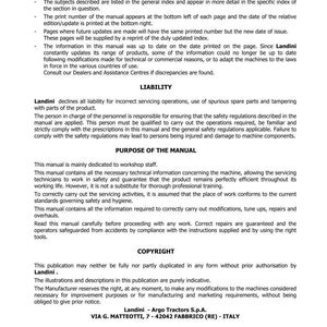 May include: A page from a Landini tractor manual, featuring the title "INTRODUCTION" and sections on liability, purpose, and copyright. The manual includes text and is dated Edition 10-2018.