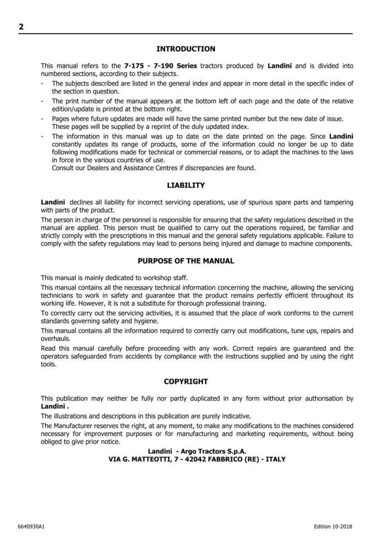 May include: A page from a Landini tractor manual, featuring the title "INTRODUCTION" and sections on liability, purpose, and copyright. The manual includes text and is dated Edition 10-2018.
