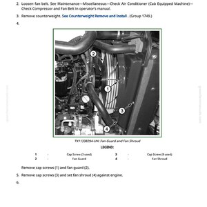 May include: Diagram illustrating the removal and installation of a fan, fan guard, and fan shroud. The image shows engine components with numbered labels and a legend for cap screws and fan guard, aiding in the procedure.