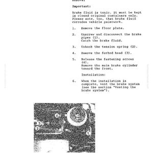 K&ouml;nnte beinhalten: Eine Seite aus einem Handbuch, das die Wartung des Bremssystems beschreibt. Der Text enth&auml;lt Anweisungen zum Aus- und Einbau des Hauptbremszylinders, mit nummerierten Schritten und einer Diagramm der Komponenten.