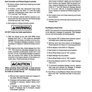 May include: A page from a Komatsu manual, titled "Brake Checkout & Adjustment," with detailed instructions and diagrams for brake system maintenance. Includes warnings and cautions about hydraulic system procedures and leakage checks.