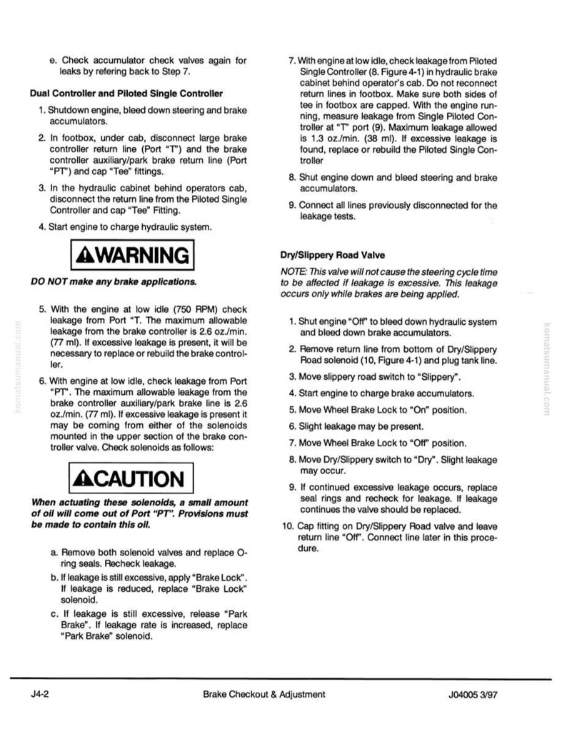 May include: A page from a Komatsu manual, titled "Brake Checkout & Adjustment," with detailed instructions and diagrams for brake system maintenance. Includes warnings and cautions about hydraulic system procedures and leakage checks.