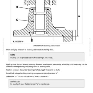 Pu&ograve; includere: Diagramma tecnico di un componente meccanico, etichettato A, B, C e D. La dimensione "a" &egrave; indicata, misurando 110,76-110,96 mm. Istruzioni per l'installazione di un disco di pressione e il mantenimento della dimensione "a".