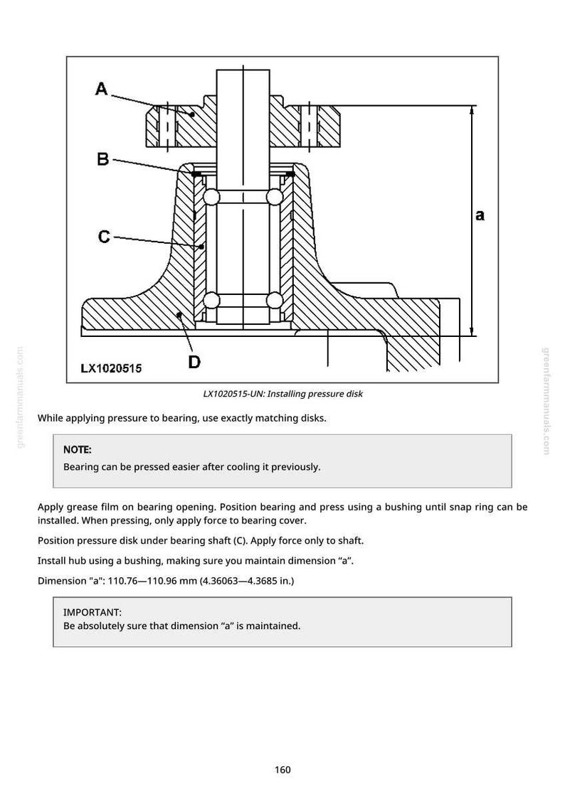Pu&ograve; includere: Diagramma tecnico di un componente meccanico, etichettato A, B, C e D. La dimensione "a" &egrave; indicata, misurando 110,76-110,96 mm. Istruzioni per l'installazione di un disco di pressione e il mantenimento della dimensione "a".