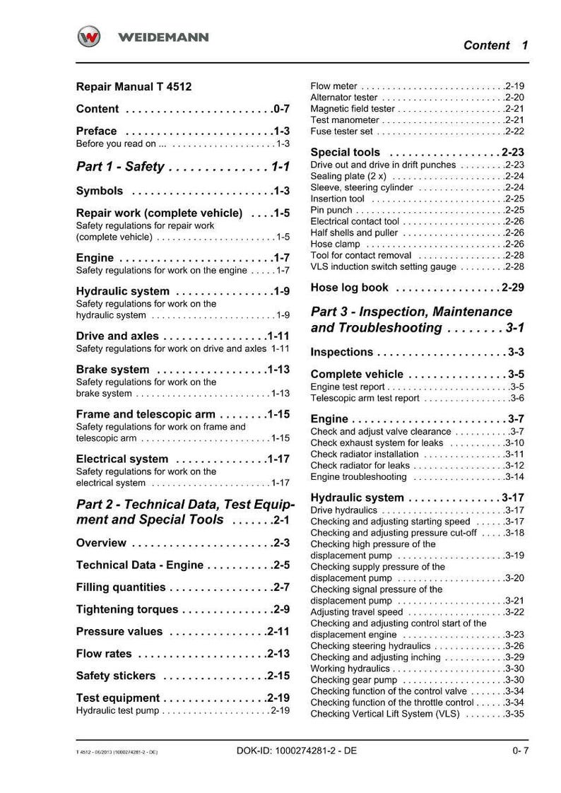 Puede incluir: Un manual de reparaci&oacute;n titulado "Manual de reparaci&oacute;n T 4512" con un &iacute;ndice. El manual cubre seguridad, motor, sistemas hidr&aacute;ulicos y datos t&eacute;cnicos. La portada presenta el logotipo de Weidemann y un n&uacute;mero de p&aacute;gina.