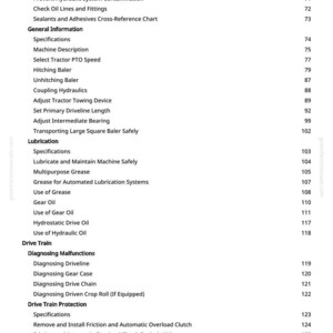 May include: A white page from a manual with a table of contents. The text includes titles such as "Face Seal Fittings Assembly and Installation," "General Information," and "Drive Train." Page numbers are listed on the right.