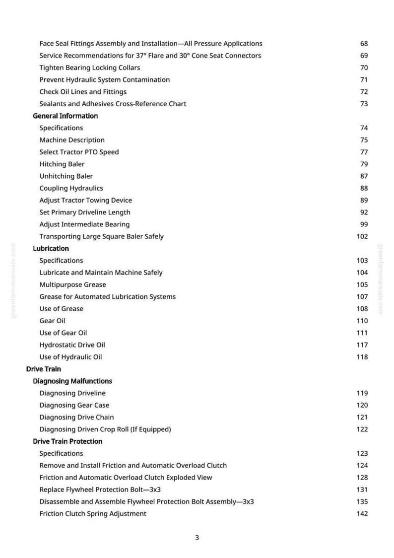 May include: A white page from a manual with a table of contents. The text includes titles such as "Face Seal Fittings Assembly and Installation," "General Information," and "Drive Train." Page numbers are listed on the right.