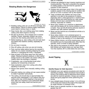 May include: Safety guidance document with warnings about lawn mower use. Features diagrams of rotating blades and safety advice for children. Also includes instructions for safe operation on slopes.