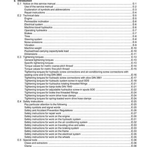 K&ouml;nnte beinhalten: Eine Seite aus einem Weidemann-Servicehandbuch mit Inhaltsverzeichnis. Das Dokument listet Abschnitte zu technischen Daten, Anzugsdrehmomenten und Sicherheitshinweisen auf. Schwarzer Text auf wei&szlig;em Hintergrund.