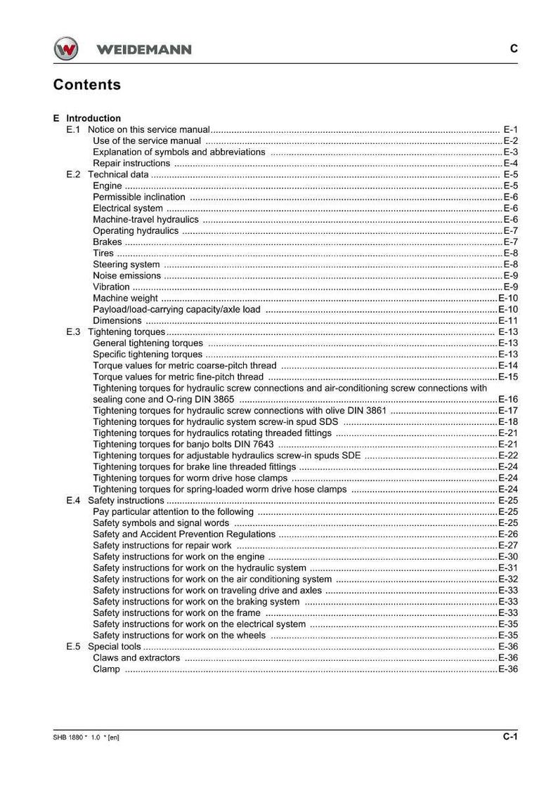 K&ouml;nnte beinhalten: Eine Seite aus einem Weidemann-Servicehandbuch mit Inhaltsverzeichnis. Das Dokument listet Abschnitte zu technischen Daten, Anzugsdrehmomenten und Sicherheitshinweisen auf. Schwarzer Text auf wei&szlig;em Hintergrund.