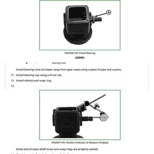 May include: Diagram of mechanical components, including a bearing cone and a position indicator. The image includes text instructions for installing and measuring parts, with a warning about applying force. The diagram is for mechanical repair.