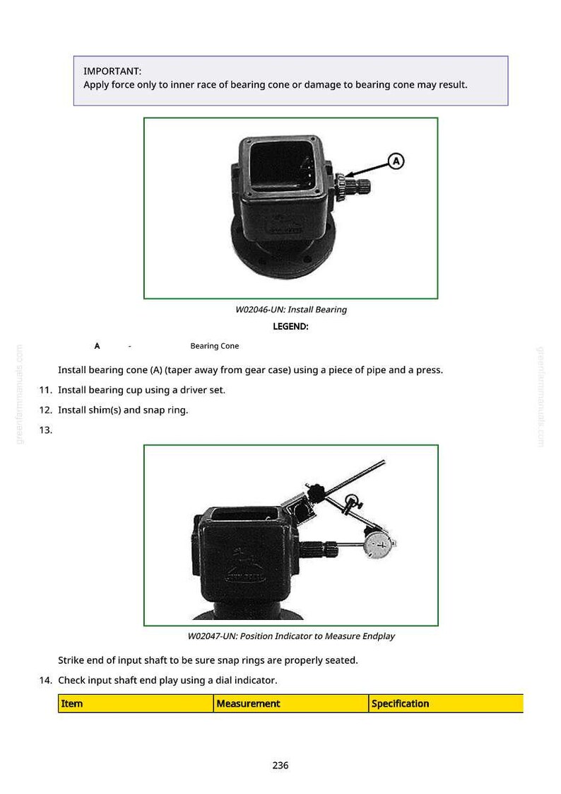 May include: Diagram of mechanical components, including a bearing cone and a position indicator. The image includes text instructions for installing and measuring parts, with a warning about applying force. The diagram is for mechanical repair.