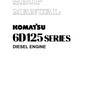 K&ouml;nnte beinhalten: Ein wei&szlig;es Shop-Handbuch-Cover mit dem Text "SHOP MANUAL" in einer hohlen Schriftart. Darunter wird der Text "KOMATSU 6D125 SERIES DIESEL ENGINE" in fetter, schwarzer Schrift angezeigt. Das Handbuch ist in Japan gedruckt.