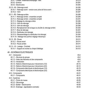 May include: A French-language table of contents detailing mechanical and electrical schematics. The document covers topics such as hydraulics, wheels, and electrical systems, with corresponding page numbers for easy reference.