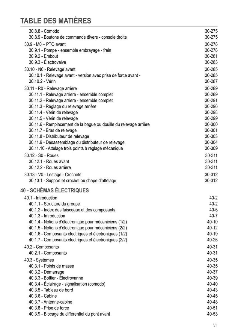May include: A French-language table of contents detailing mechanical and electrical schematics. The document covers topics such as hydraulics, wheels, and electrical systems, with corresponding page numbers for easy reference.