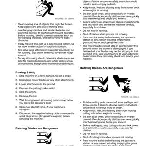 May include: Safety instructions for a lawn mower, including warnings about rotating blades and safe mowing practices. Includes diagrams and text about checking the mowing area and parking safely.