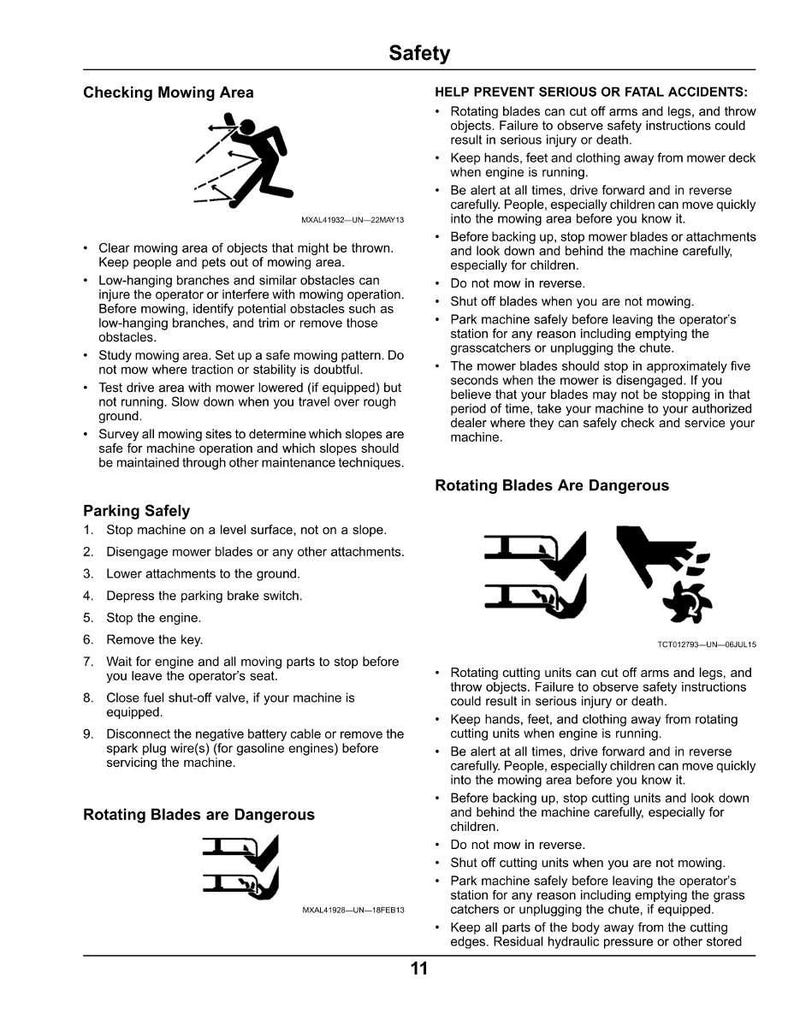 May include: Safety instructions for a lawn mower, including warnings about rotating blades and safe mowing practices. Includes diagrams and text about checking the mowing area and parking safely.