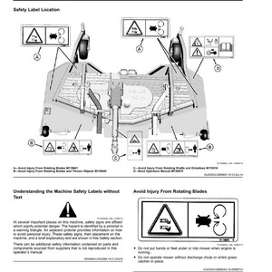 K&ouml;nnte beinhalten: Diagramm eines Rasenm&auml;hers mit Sicherheitsetiketten. Die Etiketten enthalten Warnsymbole und Anweisungen zur Vermeidung von Verletzungen durch rotierende Messer und andere Gefahren. Das Bild ist eine Seite aus einer Bedienungsanleitung.