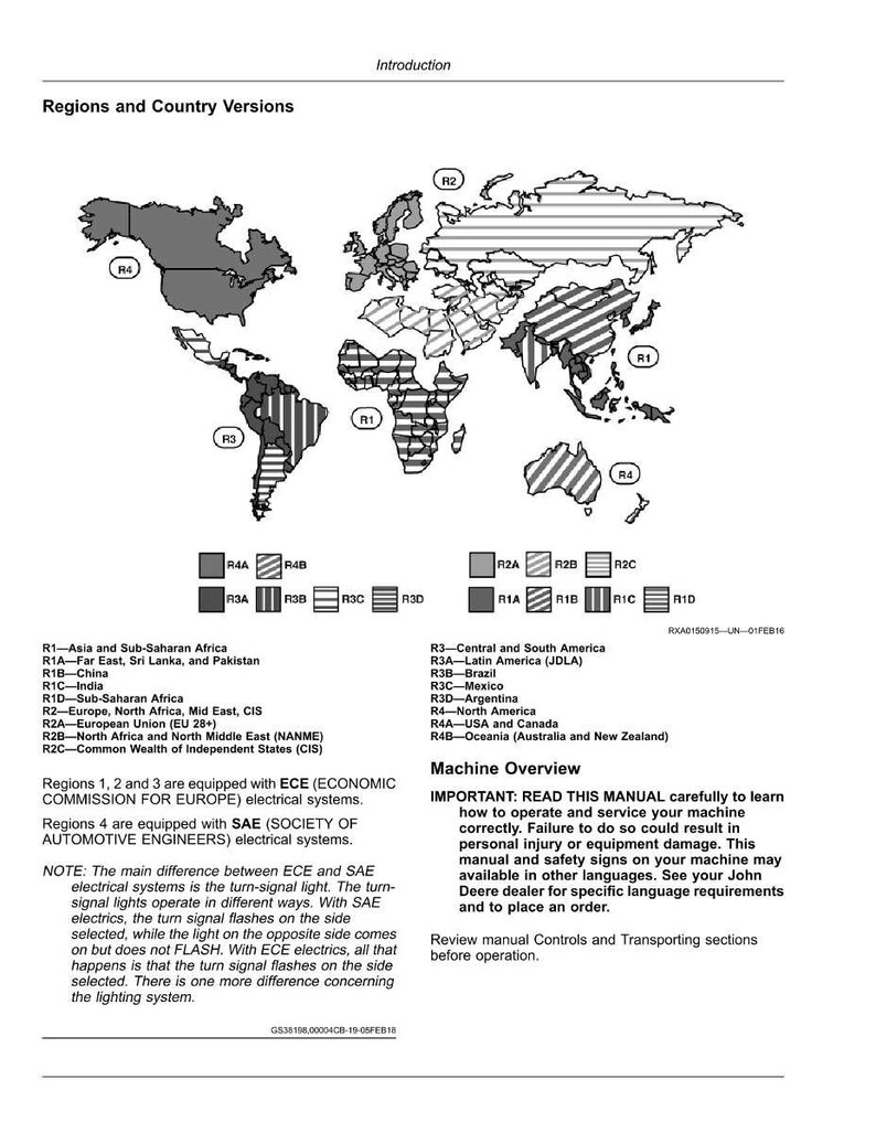 May include: A detailed diagram of world regions and country versions, with a focus on electrical system standards. The map is color-coded, with labels like R1, R2, R3, and R4, and includes text explaining ECE and SAE electrical systems.