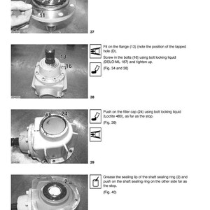 May include: Technical diagram showing the assembly of a drive component. The image includes close-ups of various parts, including a flange, O-ring seal, bolts, and filler cap. Instructions are provided with each step.