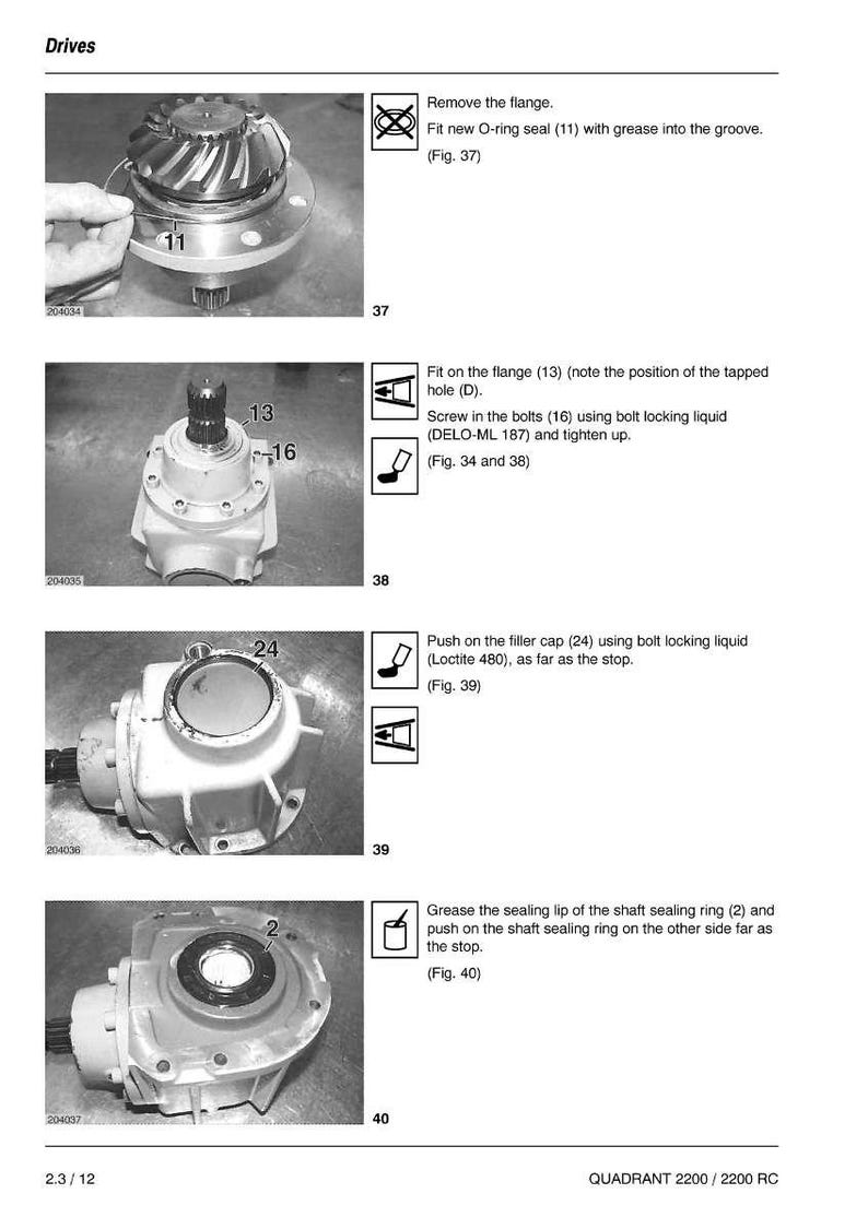 May include: Technical diagram showing the assembly of a drive component. The image includes close-ups of various parts, including a flange, O-ring seal, bolts, and filler cap. Instructions are provided with each step.