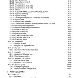 May include: A detailed table of contents from a manual, listing various mechanical and electrical topics. Sections include engine components, wiring diagrams, and hydraulic systems. The text is in black on a white background.