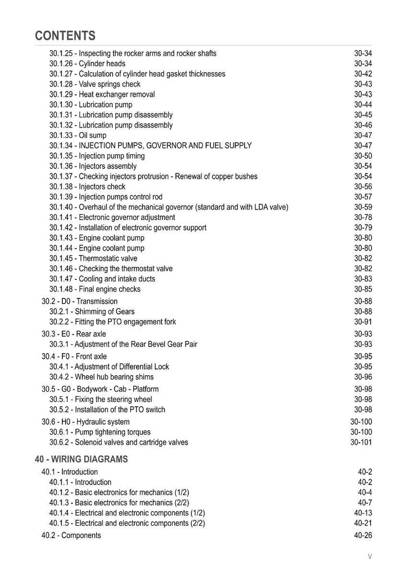 May include: A detailed table of contents from a manual, listing various mechanical and electrical topics. Sections include engine components, wiring diagrams, and hydraulic systems. The text is in black on a white background.