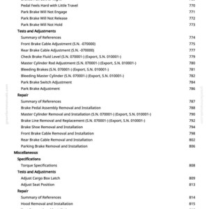 May include: A page from a manual with a list of automotive repair topics. The text includes "Brake Noisy or Chattering", "Front Brake Cable Adjustment", and "Parking Brake Removal and Installation". The page number is 12.