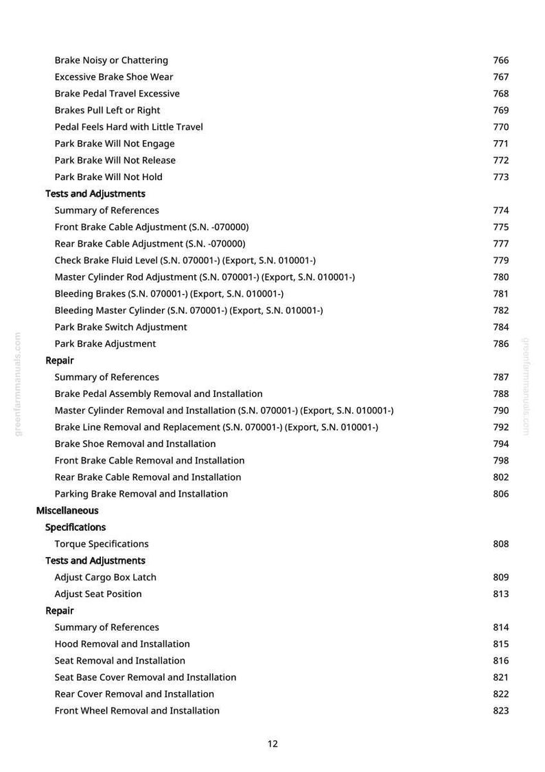 May include: A page from a manual with a list of automotive repair topics. The text includes "Brake Noisy or Chattering", "Front Brake Cable Adjustment", and "Parking Brake Removal and Installation". The page number is 12.