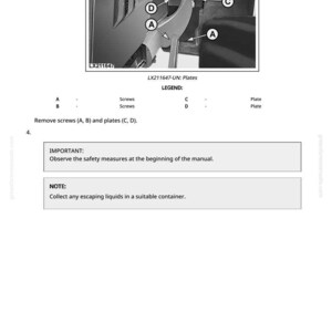 May include: Diagram of mechanical components with labels A, B, C, and D, and the text "LX211647-UN: Plates." The diagram includes the text "Remove screws (A, B) and plates (C, D)." and "IMPORTANT: Observe the safety measures at the beginning of the manual."