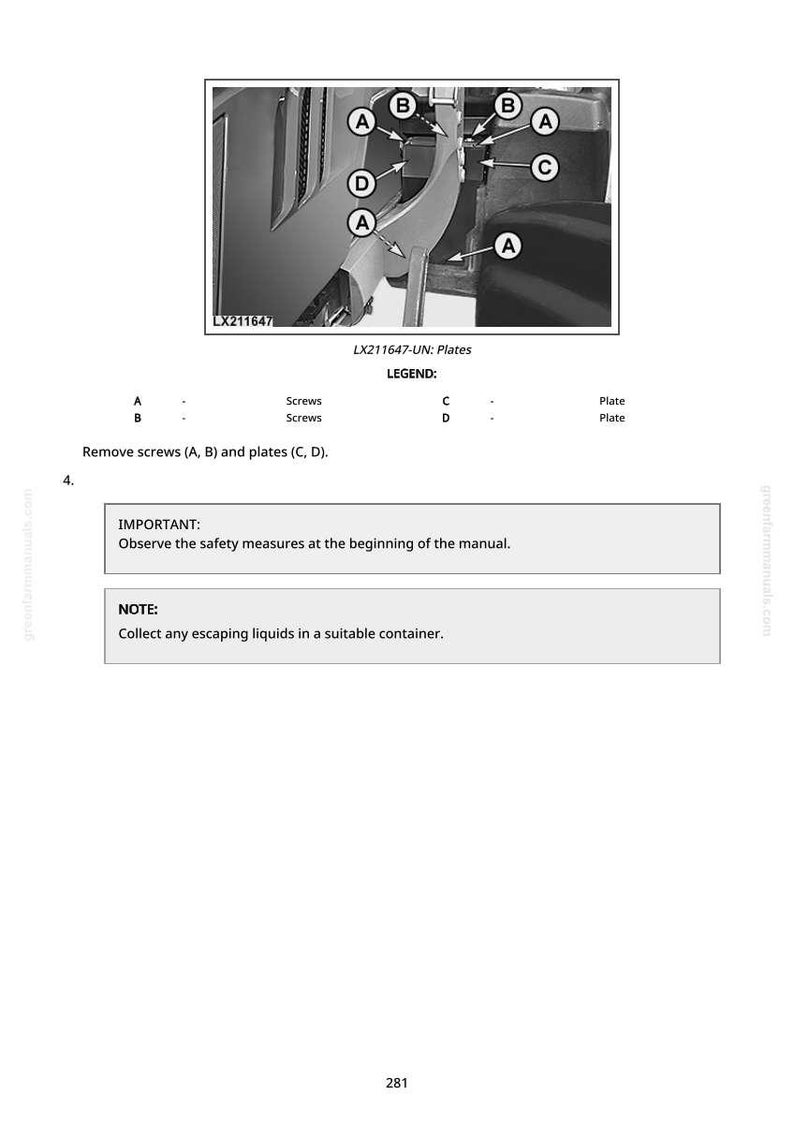May include: Diagram of mechanical components with labels A, B, C, and D, and the text "LX211647-UN: Plates." The diagram includes the text "Remove screws (A, B) and plates (C, D)." and "IMPORTANT: Observe the safety measures at the beginning of the manual."