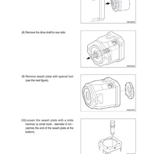 May include: Diagrams showing the dismantling of a mechanical part. The images detail the removal of the rotary group, drive shaft, and swash plate, accompanied by instructions. A slide hammer is used to loosen the swash plate.