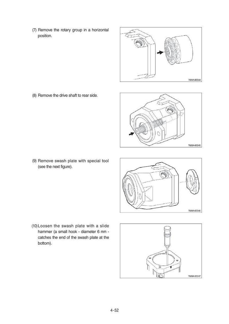 May include: Diagrams showing the dismantling of a mechanical part. The images detail the removal of the rotary group, drive shaft, and swash plate, accompanied by instructions. A slide hammer is used to loosen the swash plate.