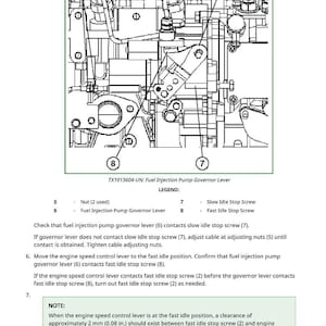 May include: Diagram of a fuel injection pump governor lever with labeled components, including nuts, screws, and levers. The image provides instructions for adjusting the lever and checking contact points for optimal performance.