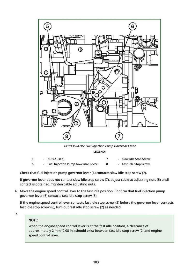 May include: Diagram of a fuel injection pump governor lever with labeled components, including nuts, screws, and levers. The image provides instructions for adjusting the lever and checking contact points for optimal performance.
