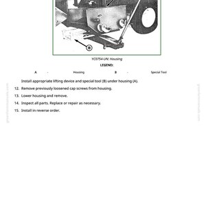May include: An illustrated diagram of machinery components, labeled A and B, with the text "YC0754-UN: Housing" and instructions for removal and inspection. The image is a technical drawing with arrows pointing to parts.