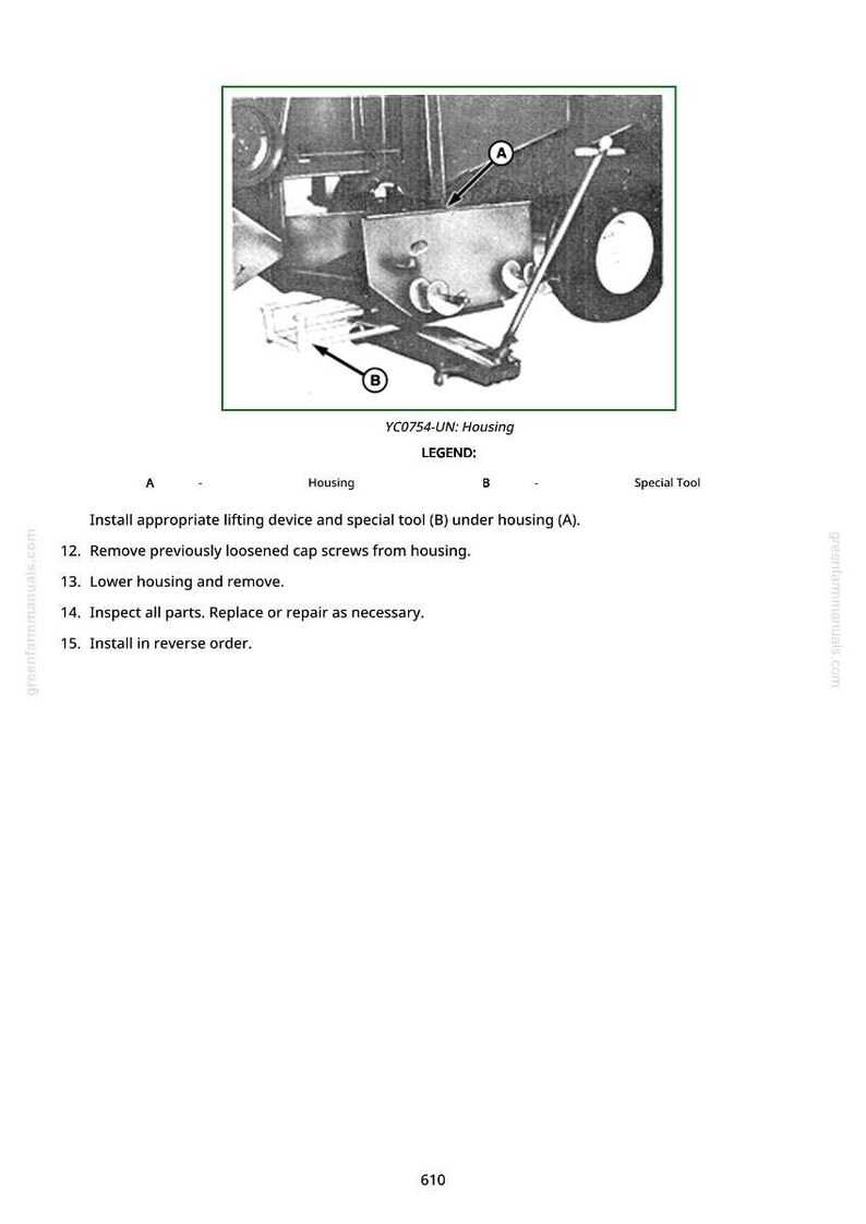 May include: An illustrated diagram of machinery components, labeled A and B, with the text "YC0754-UN: Housing" and instructions for removal and inspection. The image is a technical drawing with arrows pointing to parts.