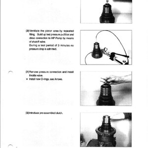 May include: A page from a manual with black and white images and text detailing clutch maintenance. The images show steps like installing hydraulic connections, ventilating the piston area, and installing a throttle valve. Text includes instructions and measurements.