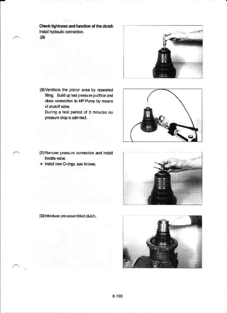 May include: A page from a manual with black and white images and text detailing clutch maintenance. The images show steps like installing hydraulic connections, ventilating the piston area, and installing a throttle valve. Text includes instructions and measurements.