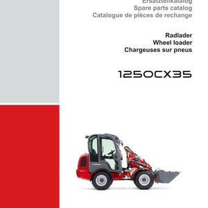 May include: A red and gray Weidemann wheel loader, model 1250CX35, is featured in this image. The image also includes the text "Ersatzteilkatalog", "Spare parts catalog", and "Catalogue de pi&egrave;ces de rechange".
