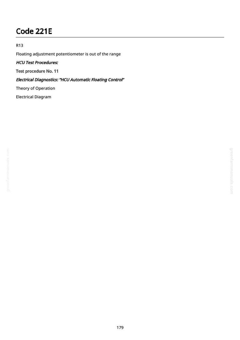 May include: White page with the text "Code 221E" at the top. The text describes a floating adjustment potentiometer issue, test procedures, and electrical diagnostics. The page includes the text "HCU Automatic Floating Control".
