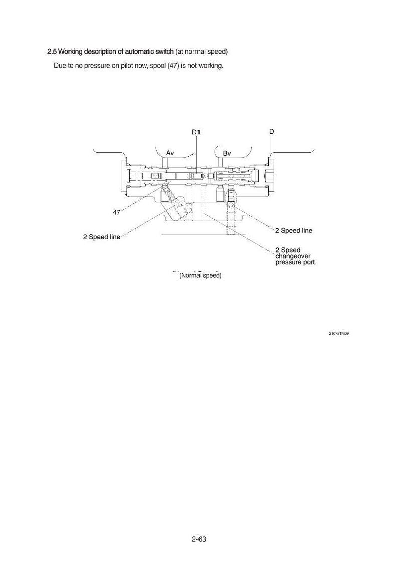 May include: Diagram of an automatic switch at normal speed, with labels for components like the spool (47), 2 speed lines, and pressure ports. Text explains the switch's function and the impact of pressure.