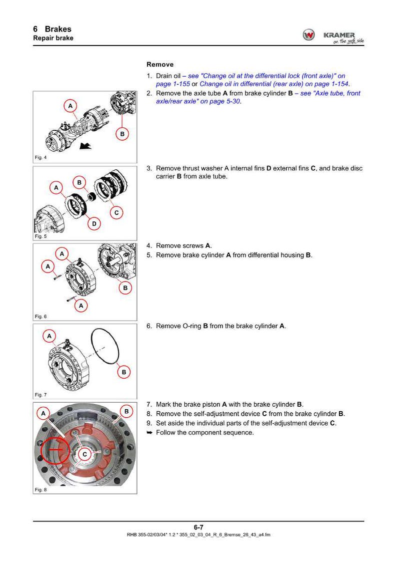 K&ouml;nnte beinhalten: Diagramm mit Bremsenreparaturanweisungen mit den Teilen A, B, C und D beschriftet. Der Text enth&auml;lt Schritte zum Entfernen und Ersetzen von Komponenten wie Achsrohr, Bremssattel und O-Ring. Das Bild stammt aus einem Reparaturhandbuch.