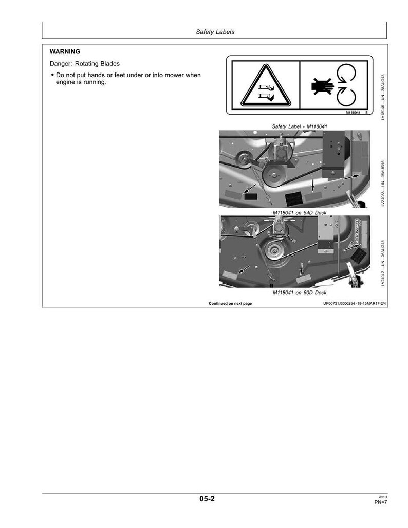 以下が含まれることがあります： 安全に関する警告と図解が掲載されたマニュアルのページ。回転する刃に関する注意書きがあります。刈払機の部品を示す図解があり、「M118041 on 54D Deck」と「M118041 on 60D Deck」とラベル付けされています。
