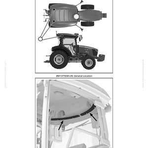 Puede incluir: Diagrama de un tractor con una vista detallada del filtro de aire de recirculaci&oacute;n. La imagen incluye vistas superiores y laterales del tractor, con flechas que apuntan a componentes espec&iacute;ficos. El texto incluye "Recirculation Air Filter" y n&uacute;meros de modelo.