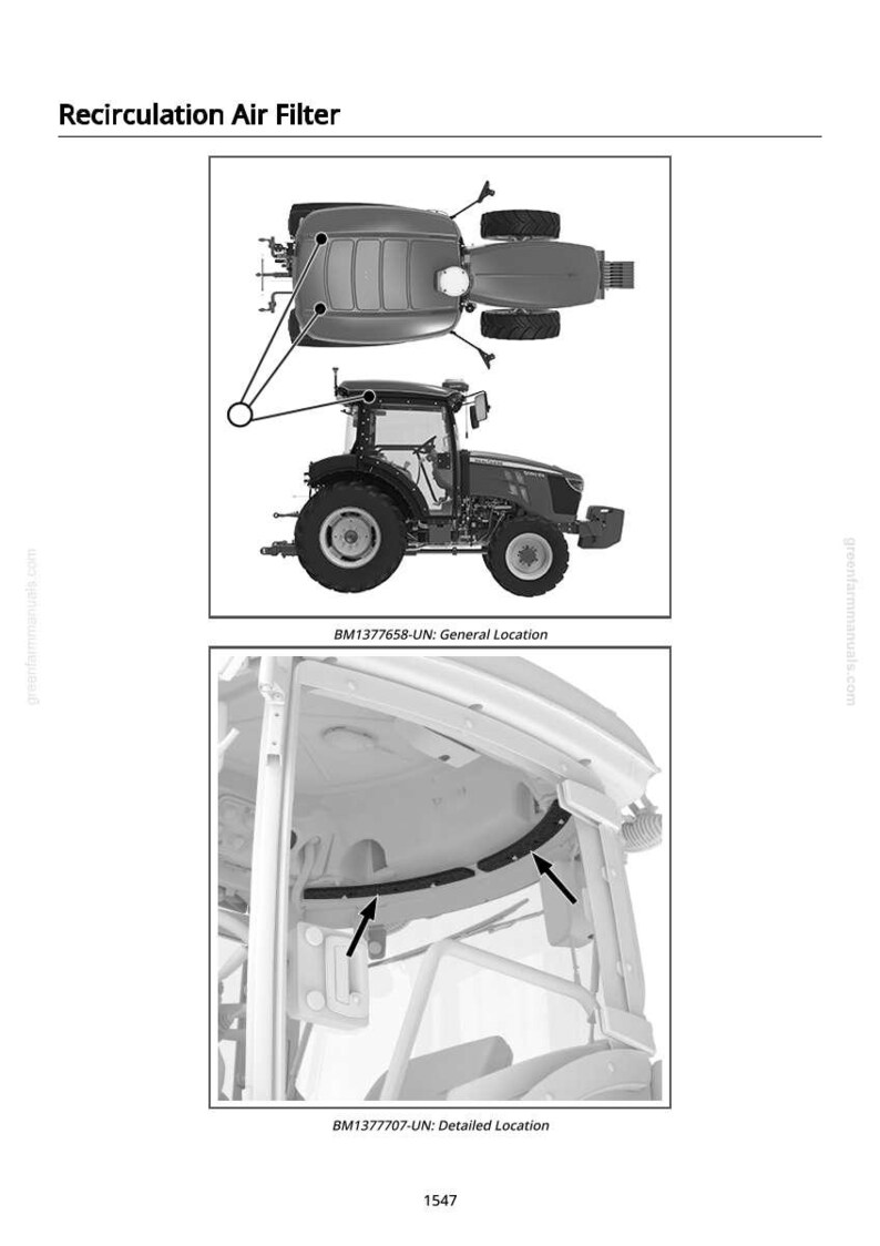 Puede incluir: Diagrama de un tractor con una vista detallada del filtro de aire de recirculaci&oacute;n. La imagen incluye vistas superiores y laterales del tractor, con flechas que apuntan a componentes espec&iacute;ficos. El texto incluye "Recirculation Air Filter" y n&uacute;meros de modelo.