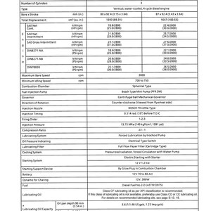 May include: Specifications chart for a D1403-B (E) and D1703-B (E) engine. Includes data on bore x stroke, total displacement, SAE net and gross intermittent power, DIN specifications, and other technical details. Measurements are in inches and pounds.