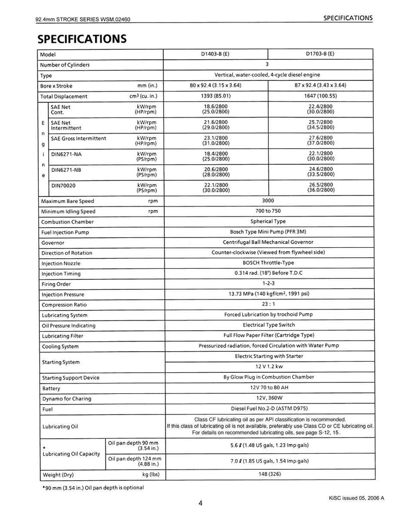 May include: Specifications chart for a D1403-B (E) and D1703-B (E) engine. Includes data on bore x stroke, total displacement, SAE net and gross intermittent power, DIN specifications, and other technical details. Measurements are in inches and pounds.